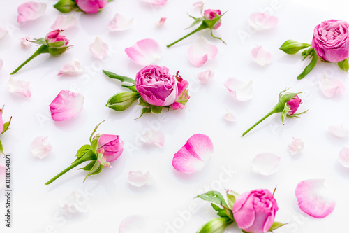 Creative floral pattern of roses and petal on a white background. Background for wedding invitations, Valentines Day greeting card.