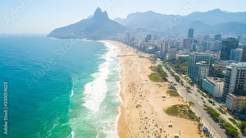 Fototapeta Naklejka Na Ścianę i Meble -  Rio de Janeiro, Rio de Janeiro / Brazil - Circa October 2019: Aerial image of Ipanema Beach in Rio de Janeiro. 4K.
