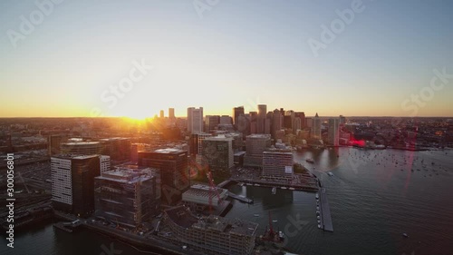 Boston Massachusetts Aerial v177 Quarter panoramic cityscape view with downtown and harbor views at sunset, counter clockwise - October 2017 photo