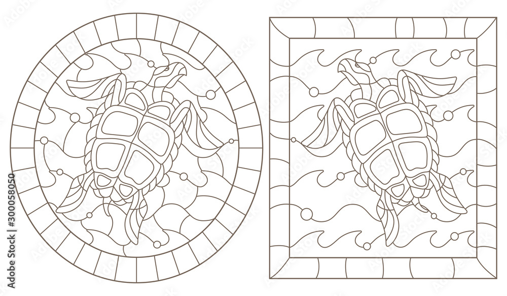 Set of outline illustrations in the style of stained glass with sea turtles into the waves, a dark outline on a white background Set of outline illustrations in the style of stained glass with sea turtles into the waves, a dark outline on a white background