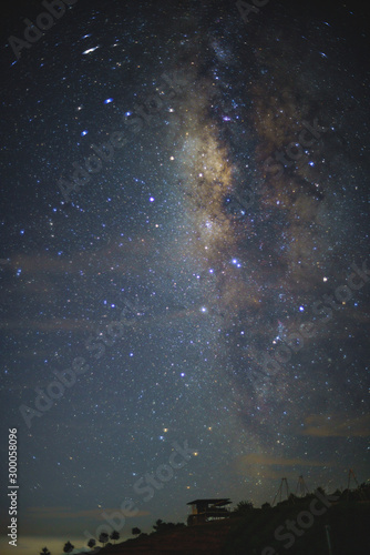 Milky Way and silhouette of tree and house at Phetchabun khao kho ,Thailand. Long exposure photograph.with grain