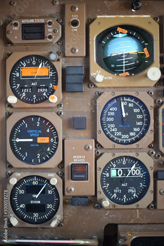 Fotografie Close up on flight instruments on a commercial aircraft.