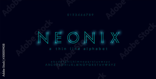 Abstract urban thin line font alphabet. Minimal modern neon fonts and numbers. Typography typeface uppercase lowercase and number. vector illustration