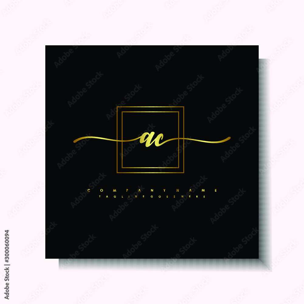 Letter handwriting A, AC. in the box line gold colored, black background. Font and Gold Box line luxury. Vector logos for business, fashion, name cards, weddings, beauty, photography Letter handwriting A, AC. in the box line gold colored, black background. Font and Gold Box line luxury. Vector logos for business, fashion, name cards, weddings, beauty, photography