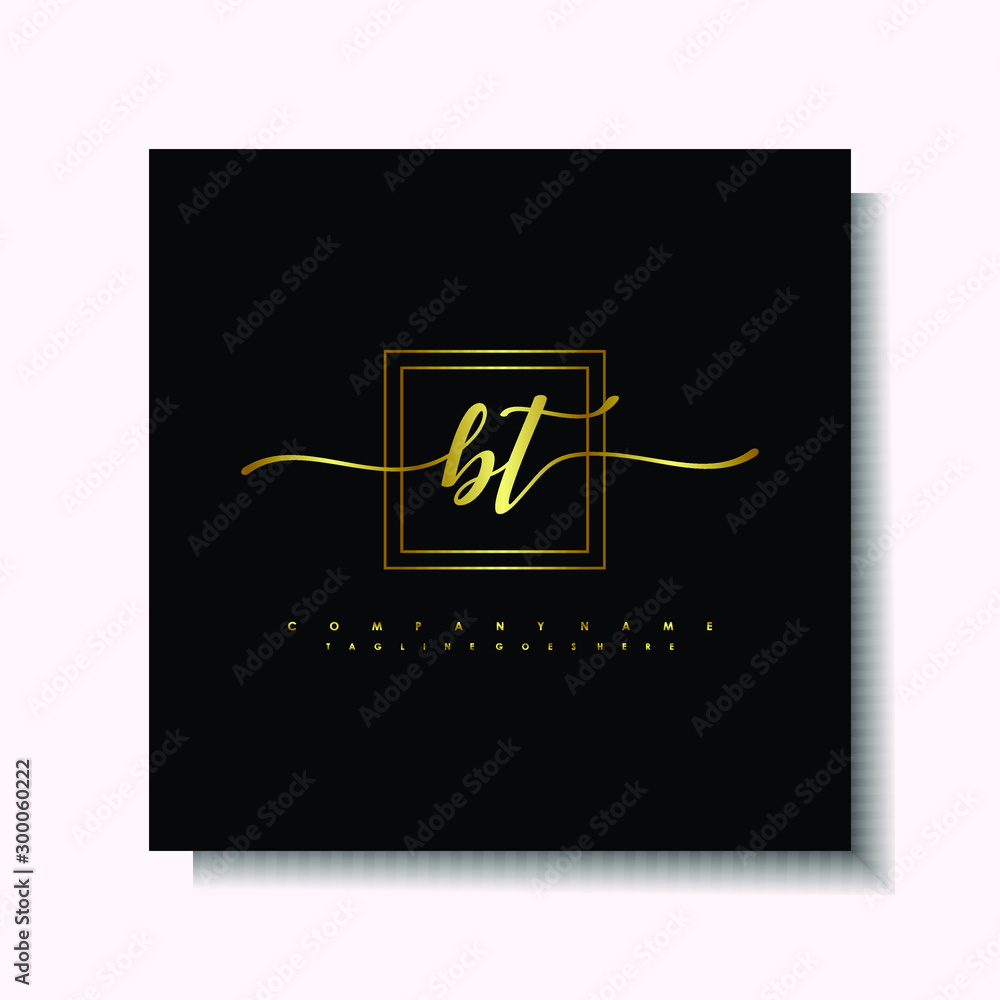 Letter handwriting B, BT. in the box line gold colored, black background. Font and Gold Box line luxury. Vector logos for business, fashion, name cards, weddings, beauty, photography Letter handwriting B, BT. in the box line gold colored, black background. Font and Gold Box line luxury. Vector logos for business, fashion, name cards, weddings, beauty, photography