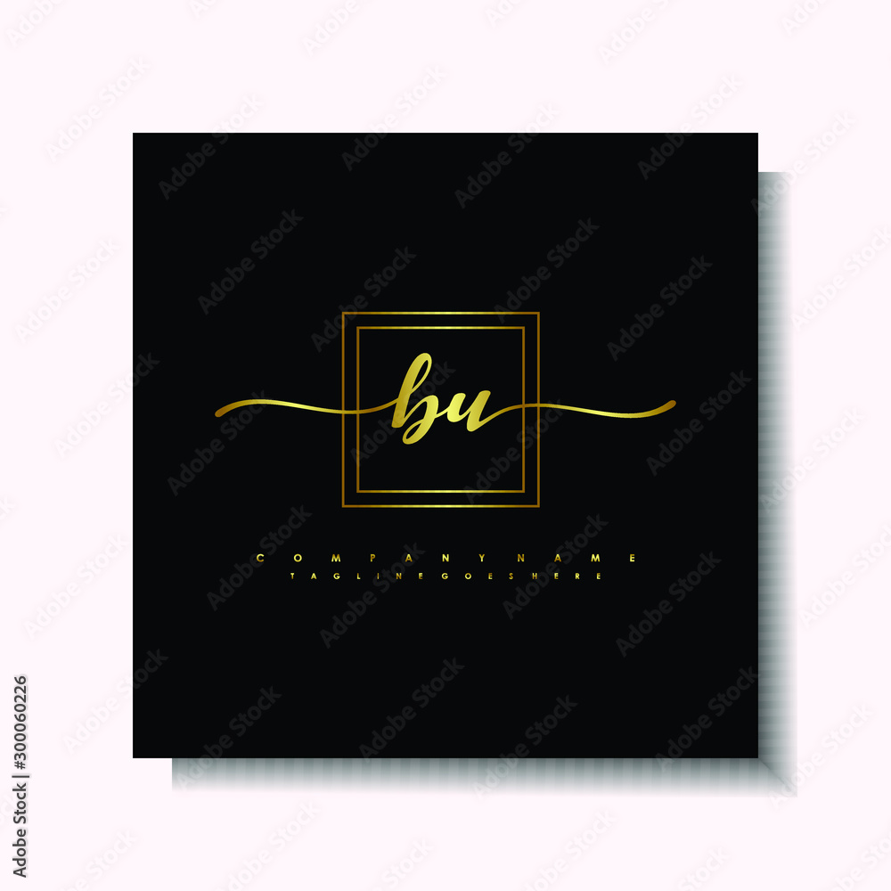 Letter handwriting B, BU. in the box line gold colored, black background. Font and Gold Box line luxury. Vector logos for business, fashion, name cards, weddings, beauty, photography Letter handwriting B, BU. in the box line gold colored, black background. Font and Gold Box line luxury. Vector logos for business, fashion, name cards, weddings, beauty, photography