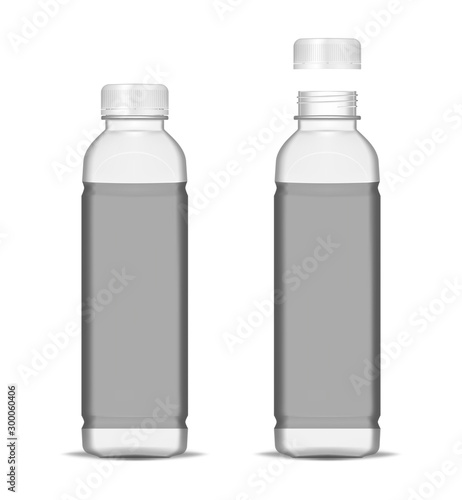 Cooking vegetable oil clear bottle isolated on white background, realistic mockup. Juice, water or other beverage transparent container with screw cap - open and closed, vector template