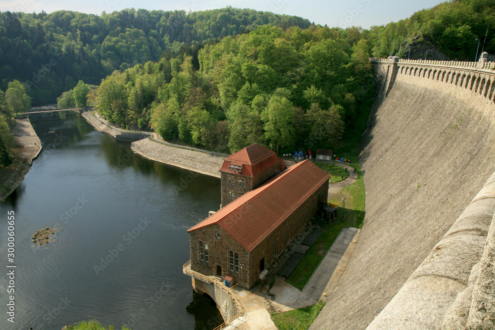 Fototapeta premium Hydroelectric power plant and dam on Bobr River in Pilchowice, Poland. Technical monument and tourist attraction.
