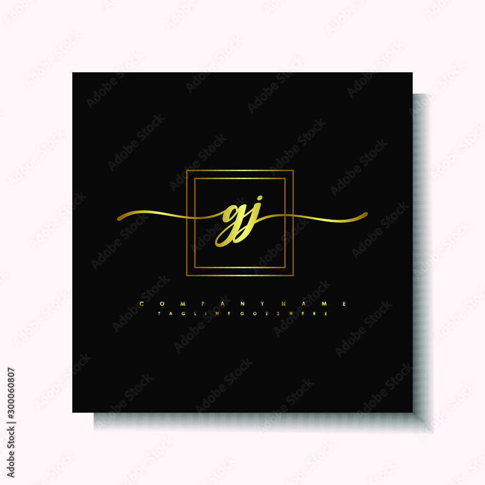 Letter handwriting G, GJ in the box line gold colored, black background. Font and Gold Box line luxury. Vector logos for business, fashion, name cards, weddings, beauty, photography Letter handwriting G, GJ in the box line gold colored, black background. Font and Gold Box line luxury. Vector logos for business, fashion, name cards, weddings, beauty, photography
