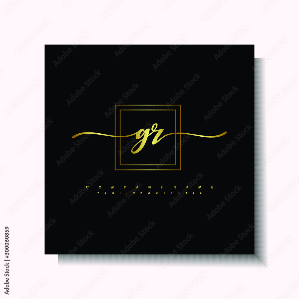 Letter handwriting G, GR in the box line gold colored, black background. Font and Gold Box line luxury. Vector logos for business, fashion, name cards, weddings, beauty, photography Letter handwriting G, GR in the box line gold colored, black background. Font and Gold Box line luxury. Vector logos for business, fashion, name cards, weddings, beauty, photography