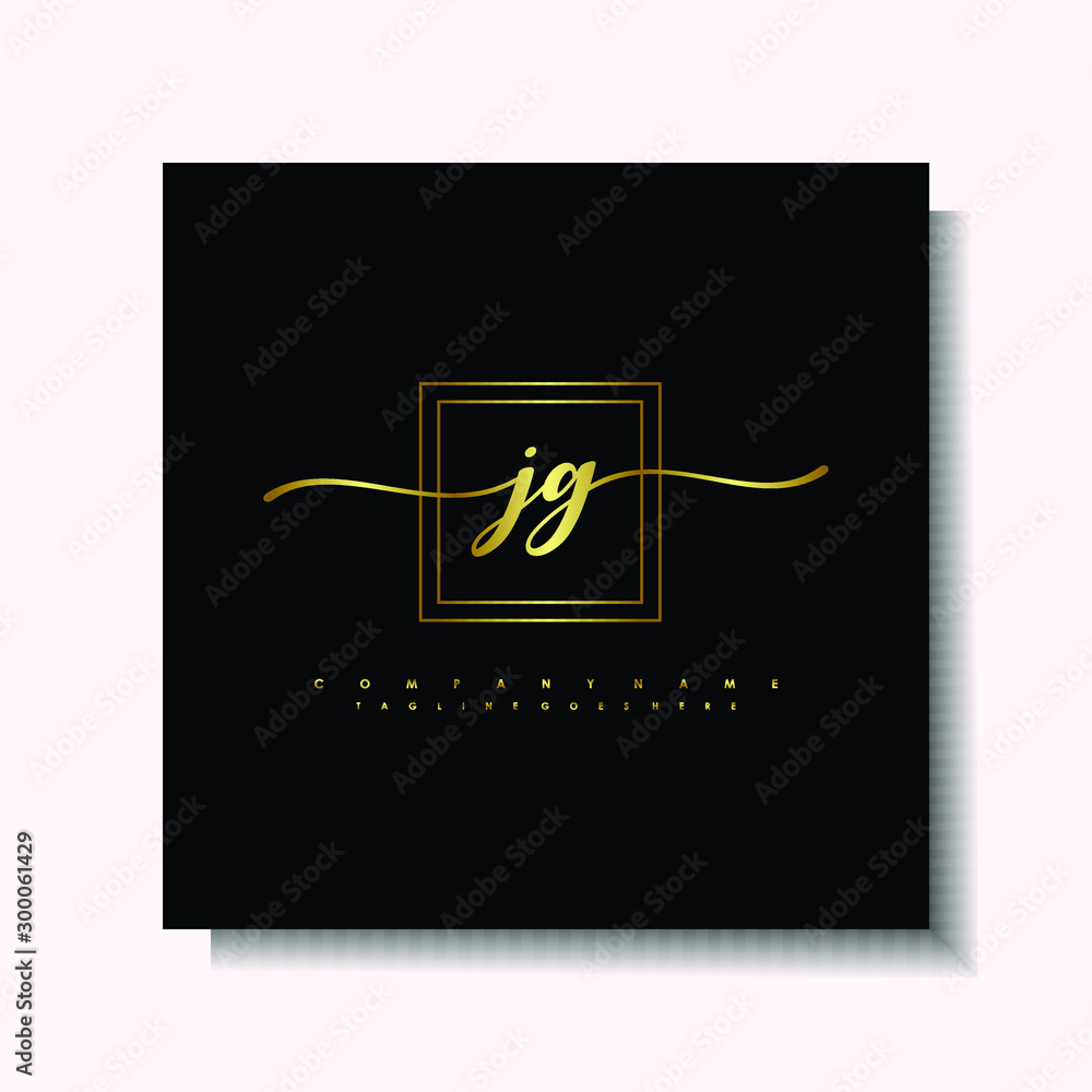 Letter handwriting J, JG in the box line gold colored, black background. Font and Gold Box line luxury. Vector logos for business, fashion, name cards, weddings, beauty, photography Letter handwriting J, JG in the box line gold colored, black background. Font and Gold Box line luxury. Vector logos for business, fashion, name cards, weddings, beauty, photography
