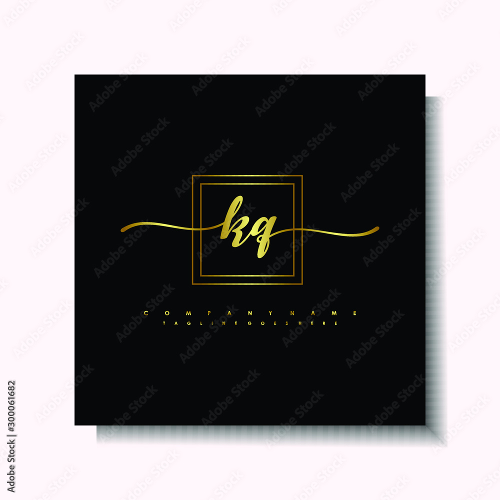 Letter handwriting K, KQ in the box line gold colored, black background. Font and Gold Box line luxury. Vector logos for business, fashion, name cards, weddings, beauty, photography Letter handwriting K, KQ in the box line gold colored, black background. Font and Gold Box line luxury. Vector logos for business, fashion, name cards, weddings, beauty, photography