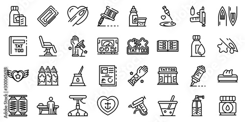 Tattoo studio icons set. Outline set of tattoo studio vector icons for web design isolated on white background
