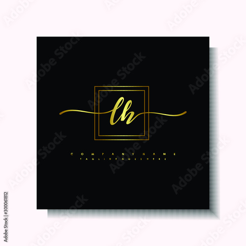Letter handwriting L, LH in the box line gold colored, black background. Font and Gold Box line luxury. Vector logos for business, fashion, name cards, weddings, beauty, photography