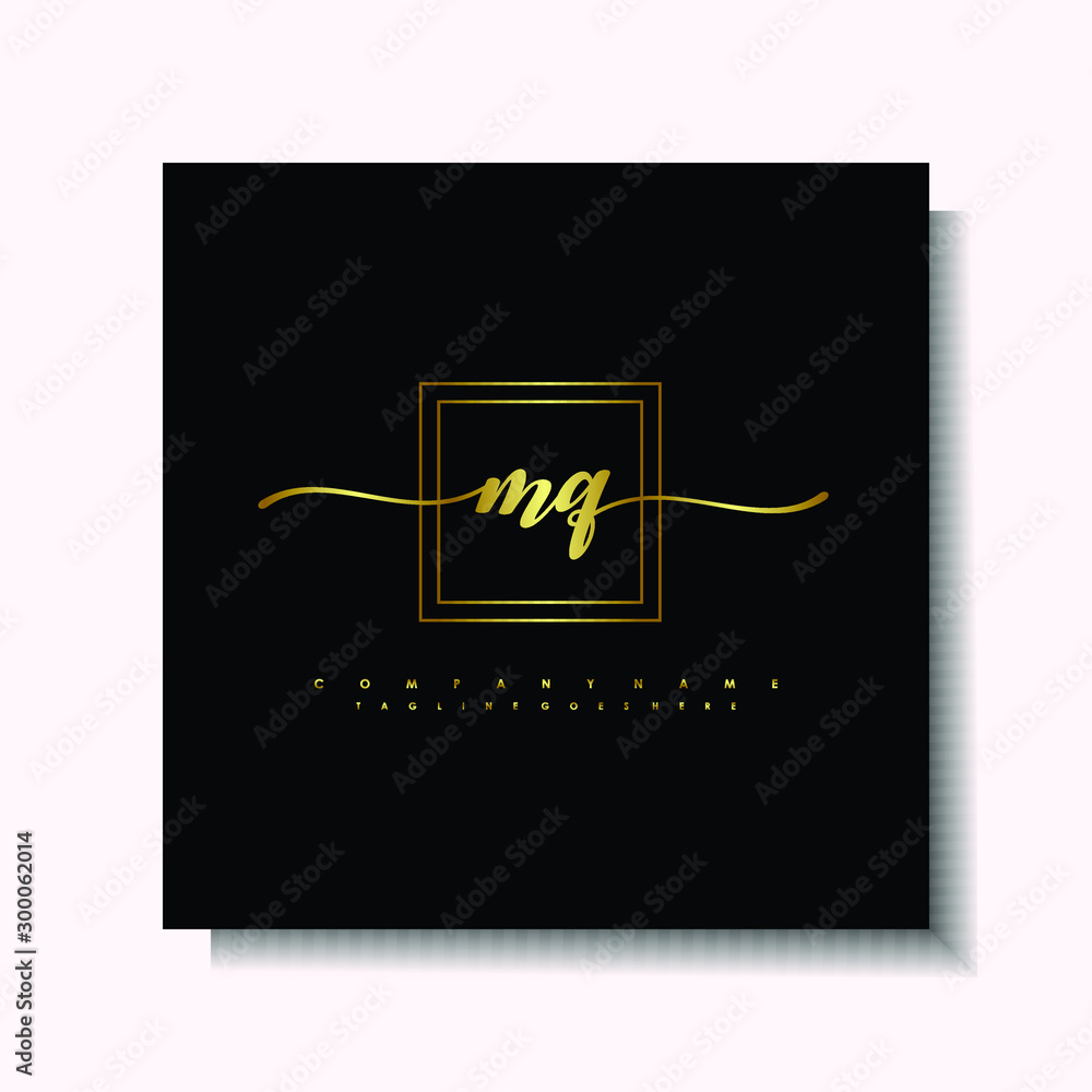 Letter handwriting M, MQ in the box line gold colored, black background. Font and Gold Box line luxury. Vector logos for business, fashion, name cards, weddings, beauty, photography Letter handwriting M, MQ in the box line gold colored, black background. Font and Gold Box line luxury. Vector logos for business, fashion, name cards, weddings, beauty, photography