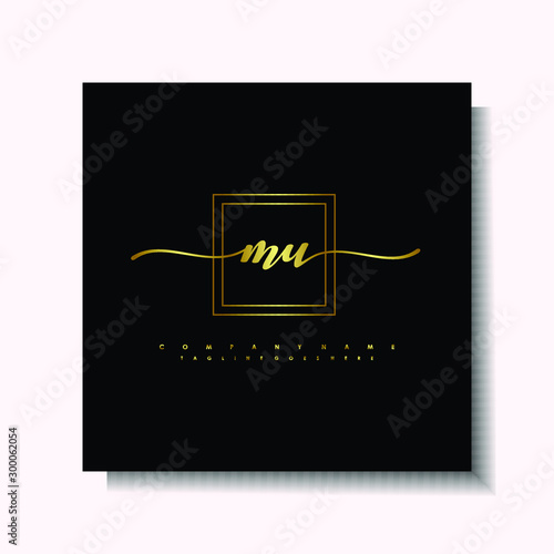 Letter handwriting M, MU in the box line gold colored, black background. Font and Gold Box line luxury. Vector logos for business, fashion, name cards, weddings, beauty, photography