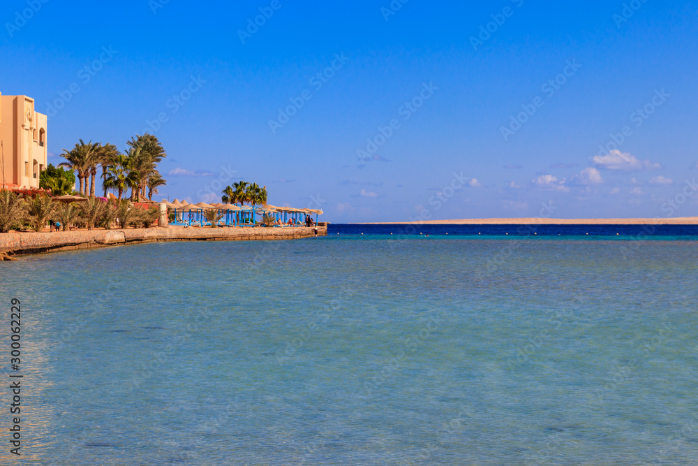 View of Red sea coast on the beach in Hurghada, Egypt View of Red sea coast on the beach in Hurghada, Egypt