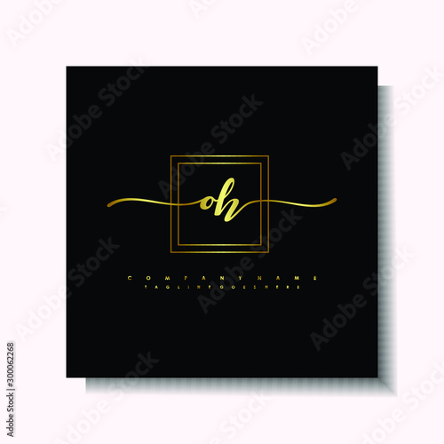 Letter handwriting O, OH in the box line gold colored, black background. Font and Gold Box line luxury. Vector logos for business, fashion, name cards, weddings, beauty, photography
