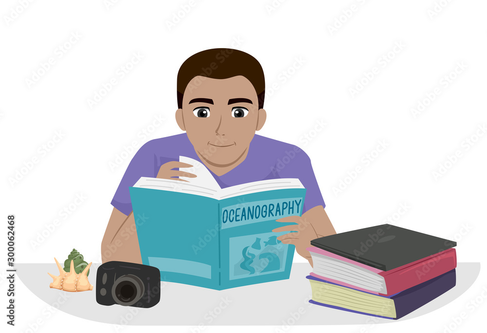 Teen Boy Oceanography Book Read Illustration
