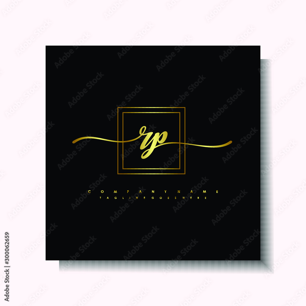 Letter handwriting R, RP in the box line gold colored, black background. Font and Gold Box line luxury. Vector logos for business, fashion, name cards, weddings, beauty, photography Letter handwriting R, RP in the box line gold colored, black background. Font and Gold Box line luxury. Vector logos for business, fashion, name cards, weddings, beauty, photography