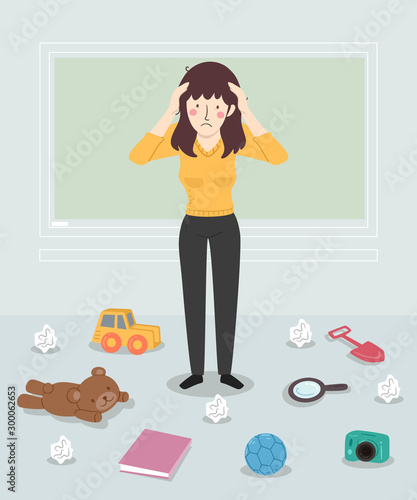 Girl Teacher Stressed Classroom Mess Illustration