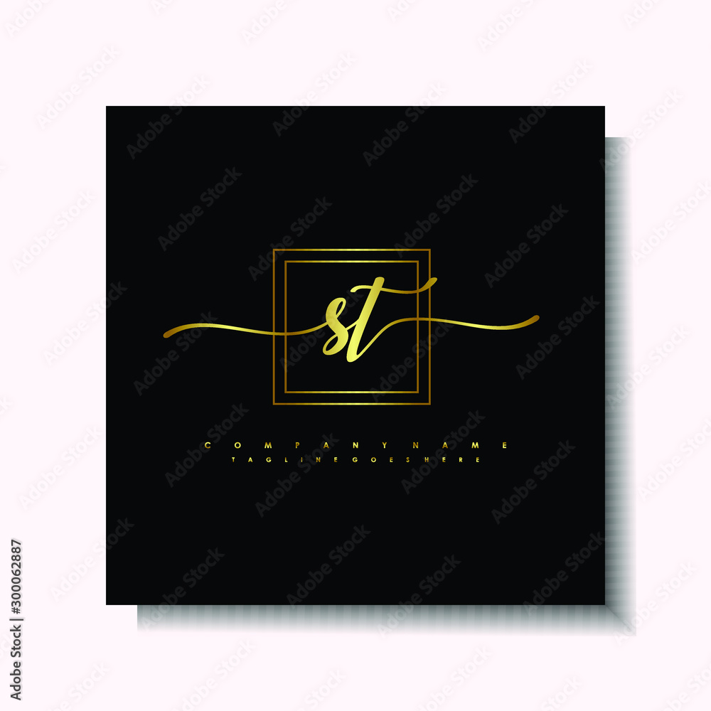 Letter handwriting S, ST in the box line gold colored, black background. Font and Gold Box line luxury. Vector logos for business, fashion, name cards, weddings, beauty, photography Letter handwriting S, ST in the box line gold colored, black background. Font and Gold Box line luxury. Vector logos for business, fashion, name cards, weddings, beauty, photography