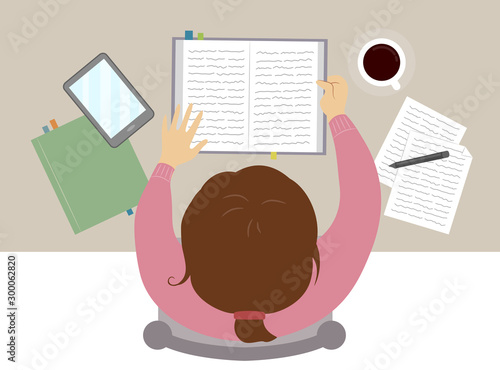 Teen Girl Study Coffee Top View Illustration