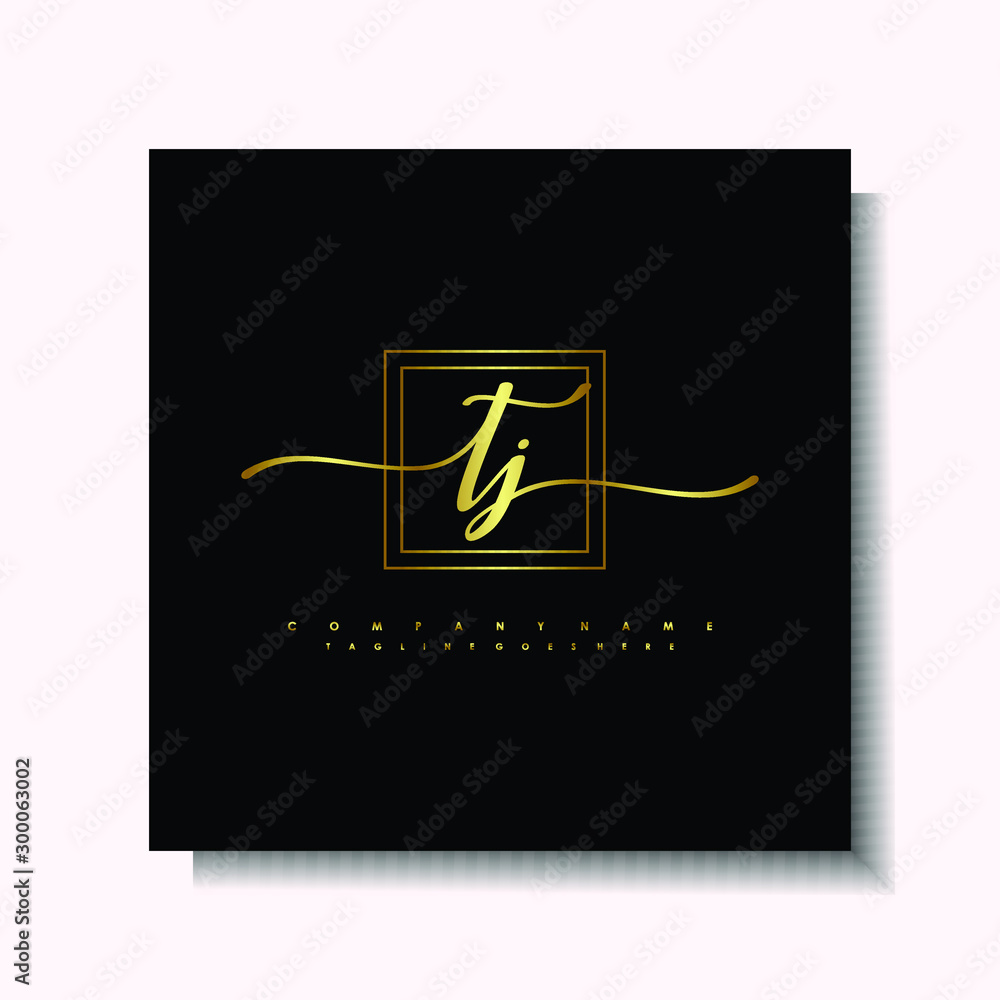 Letter handwriting T, TJ. in the box line gold colored, black background. Font and Gold Box line luxury. Vector logos for business, fashion, name cards, weddings, beauty, photography Letter handwriting T, TJ. in the box line gold colored, black background. Font and Gold Box line luxury. Vector logos for business, fashion, name cards, weddings, beauty, photography