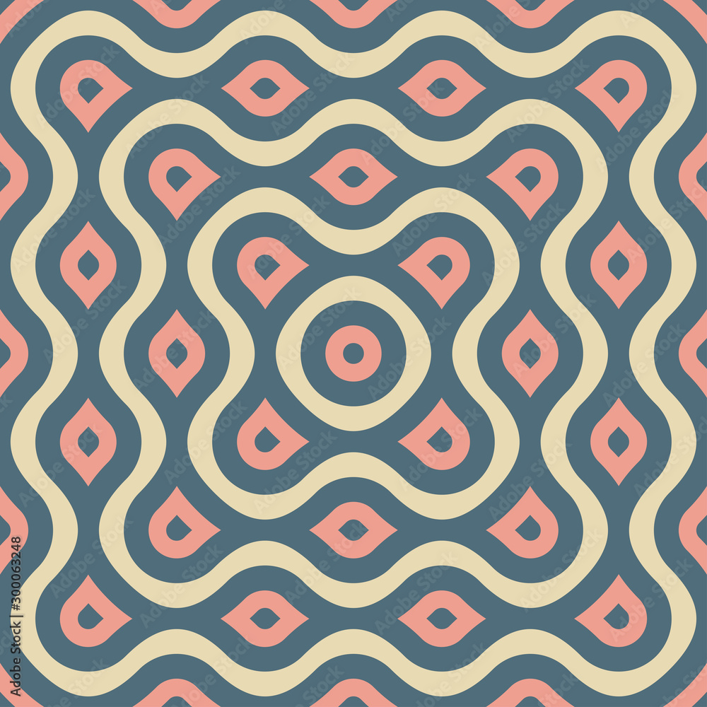 Fototapeta premium Entangled lines and dots forming middle eyes seamless vector geometry pattern in modern, stylish, minimal fashion. Abstract tiles repeat endlessly to create perfect pattern, wallpaper, or background.