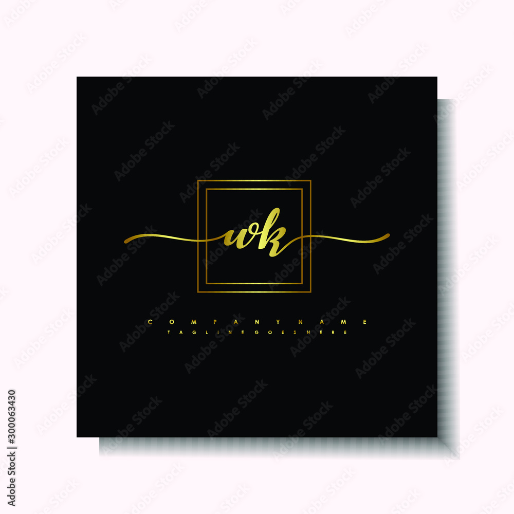 Letter handwriting W, WK. in the box line gold colored, black background. Font and Gold Box line luxury. Vector logos for business, fashion, name cards, weddings, beauty, photography Letter handwriting W, WK. in the box line gold colored, black background. Font and Gold Box line luxury. Vector logos for business, fashion, name cards, weddings, beauty, photography