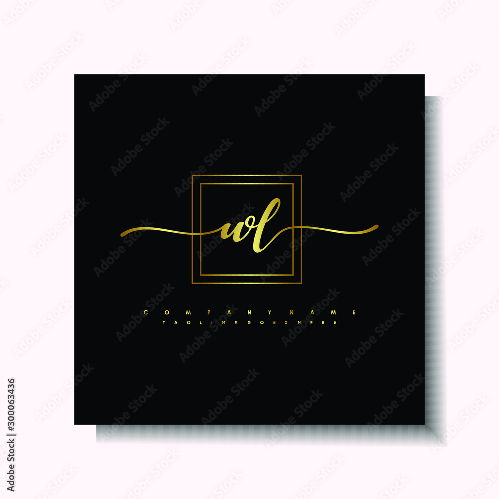 Letter handwriting W, WL. in the box line gold colored, black background. Font and Gold Box line luxury. Vector logos for business, fashion, name cards, weddings, beauty, photography Letter handwriting W, WL. in the box line gold colored, black background. Font and Gold Box line luxury. Vector logos for business, fashion, name cards, weddings, beauty, photography