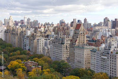 Buildings around Central Park in New York City. Aerial view from above on a cloudy overcast autumn day