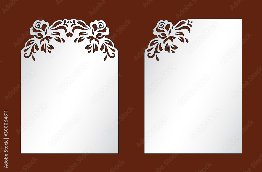 Laser cut template of wedding invitation with roses. For pocket