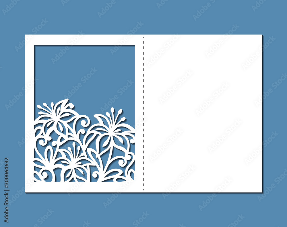 Laser cut template of wedding invitation with flowers. Pocket envelope for greeting card with floral ornament. Fold lace decor panel with openwork vector silhouette. Die cut for Valentine's day.