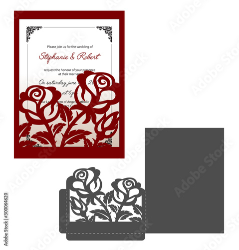 Laser cut template of wedding invitation with roses. Pocket envelope for greeting card with floral ornament. Fold lace decor panel with flower openwork vector silhouette. Die cut for Valentine's day.