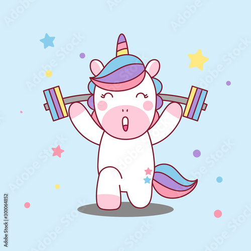 Unicorn lifts the barbell. Healthy Body. illustration.
