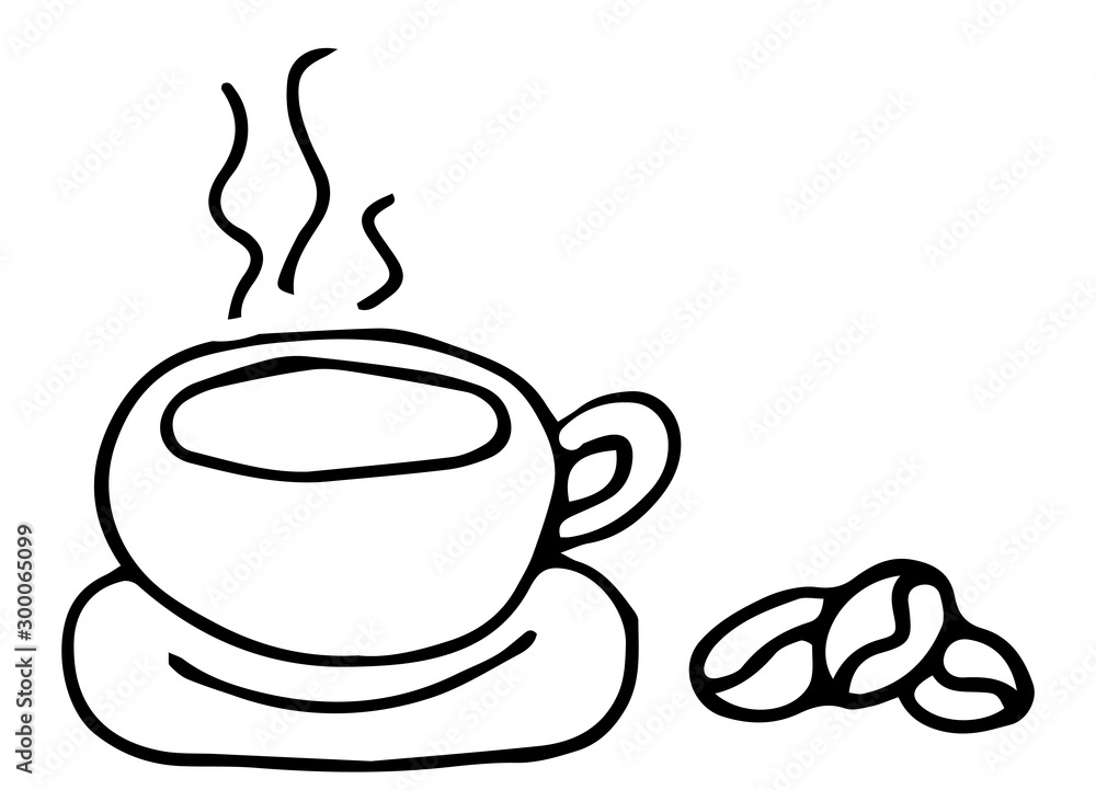Hot coffee in a mug, coffee icon in hand drawn, doodle, sketch style isolated in white background for invitations, greeting cards, patterns.