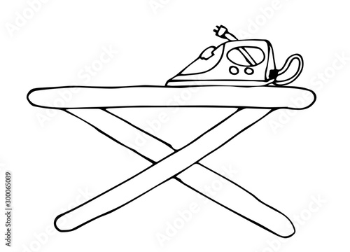 Iron and ironing board sketch vector illustration doodle on a white background. drawn by hand.