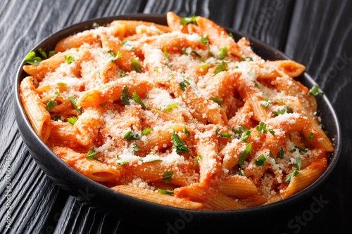 Penne Alla Vodka is thick and hearty pasta dish with a delicious creamy vodka tomato sauce close-up in a plate. horizontal