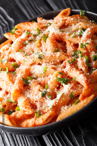Penne alla vodka is a pasta dish made with vodka, usually made with heavy cream, crushed tomatoes, onions close-up on the table. Vertical