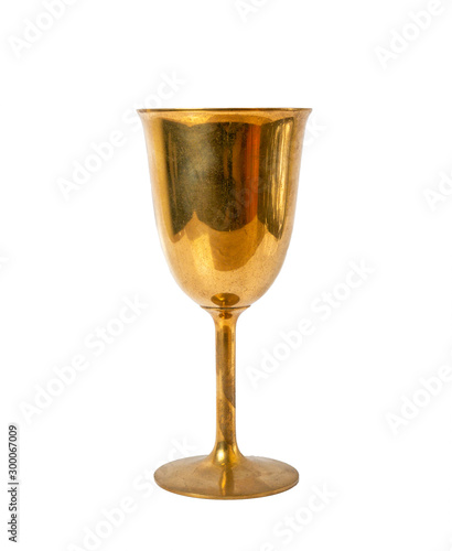 Vintage Brass Wine Goblets, Thailand Handmade Drinking Glasses Stemmed Tall on white background.