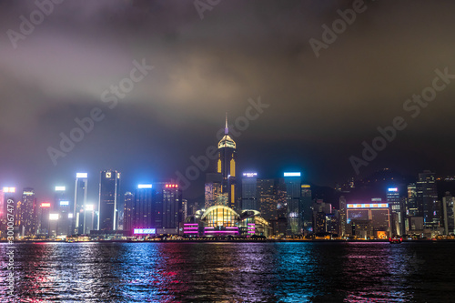 August 10,2019 in Hong Kong, Scenic of night cityscape light show and water reflection and cloudy in the sky background ,blurred of fog and clouds dark 