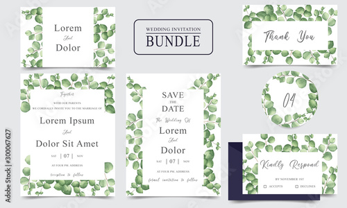 Watercolor Wedding invitation card bundle with greenery leaves