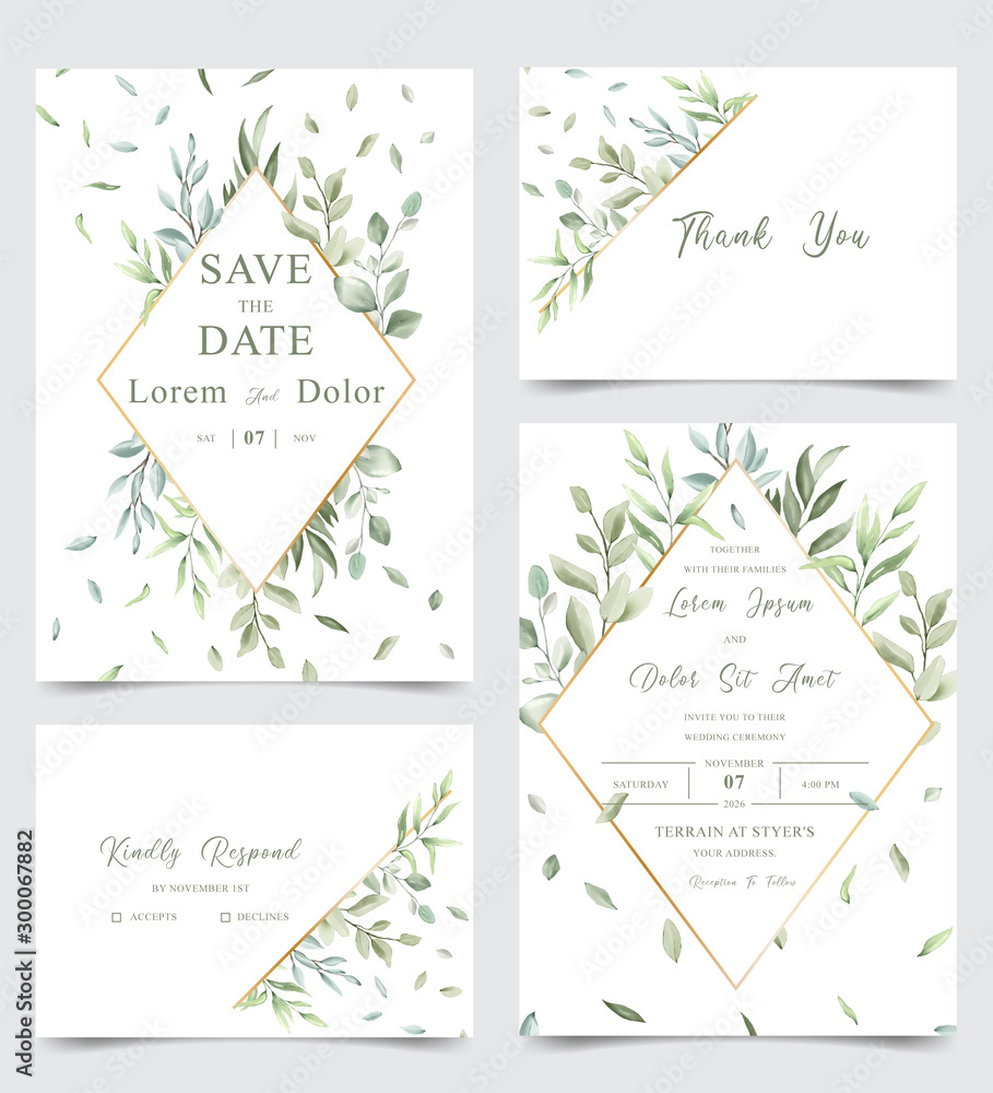 Elegant Wedding invitation card set with watercolor foliage