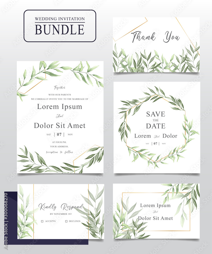 Watercolor Wedding invitation card bundle with greenery leaves