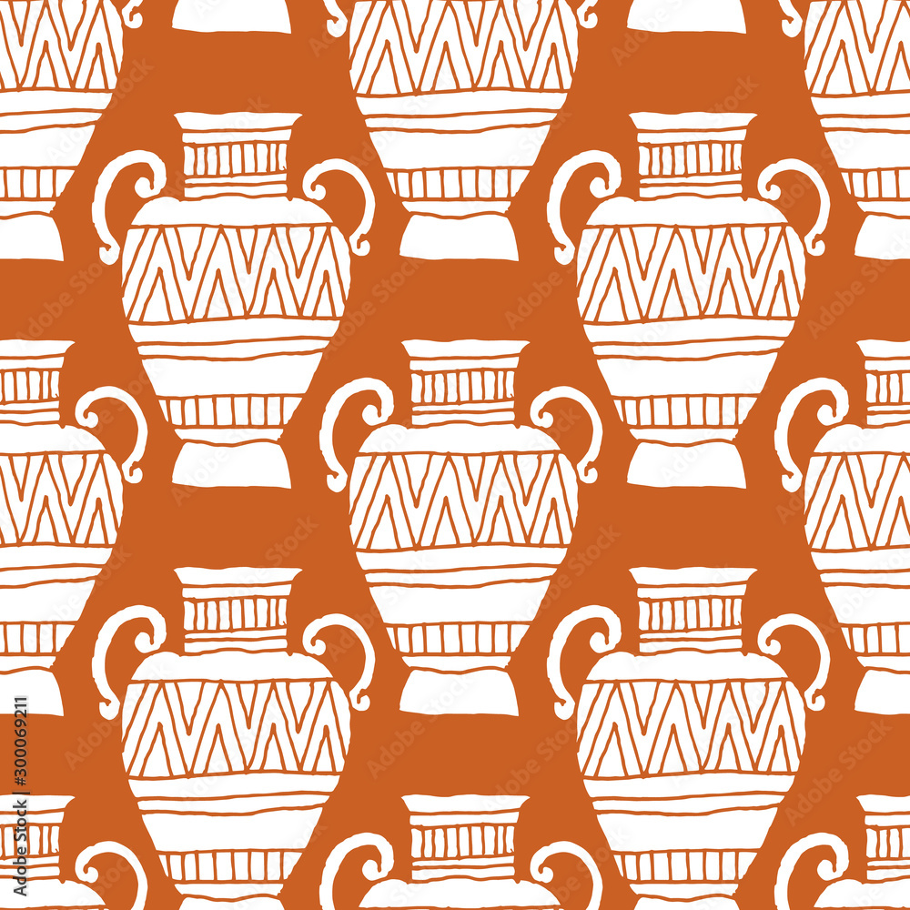 Seamless pattern of hand drawn amphoras, vases, pottery Seamless pattern of hand drawn amphoras, vases, pottery