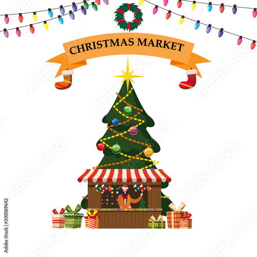 Christmas souvenirs market stall with decorations. Big Christmas tree Xmas shop with garlands decorations