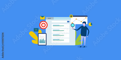 Search engine result page, seo expert, ranking analysis concept with character. Flat design web banner, template, presentation.