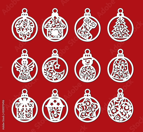 Set of laser cut template of Christmas balls with angel, bell, snowman, sock, gift. Xmas tree decoration for paper cutout. Openwork silhouette with lace ornament. Vector illustration on red background