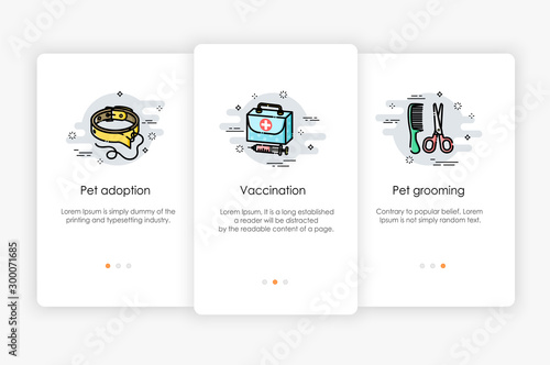 Onboarding screens design in pet shop concept. Modern and simplified vector illustration, Template for mobile apps.